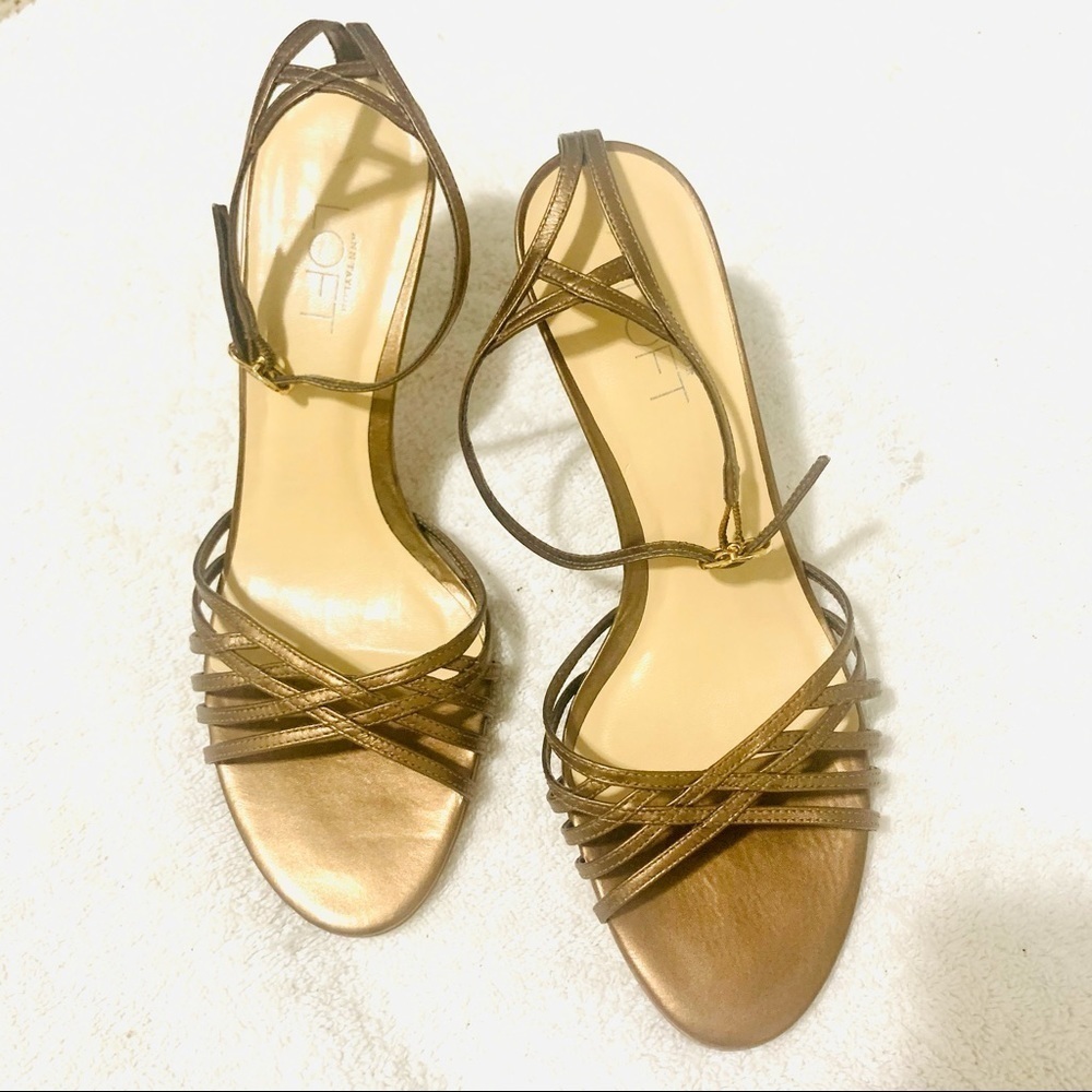 LOFT Y2K brown metallic ankle straps heels sandals women size 5.5 Brazil leather